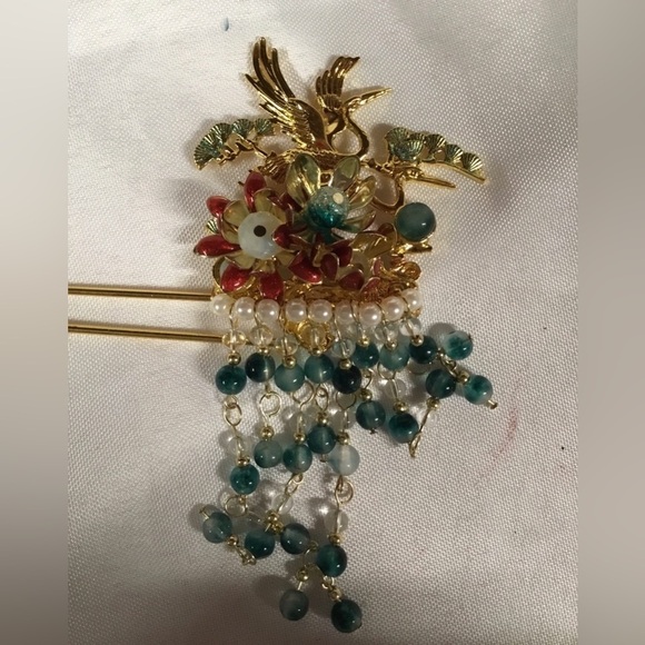 Hair Pick Accessory. Molded Gold Bird,Metal Flowers, Green & Pearl Beads